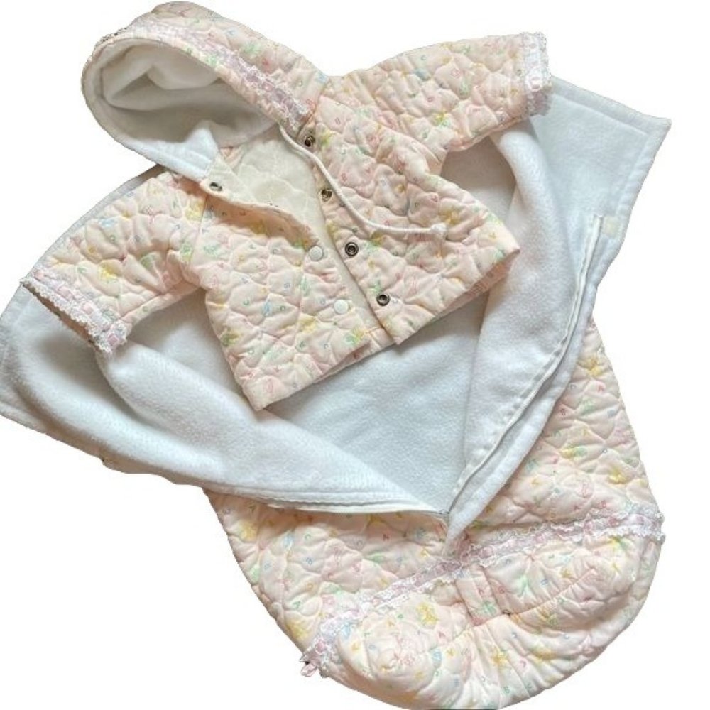 Vintage pink Quilted Hooded Coat Blanket Sack Set Handmade Alphabet Lace 12 Mo